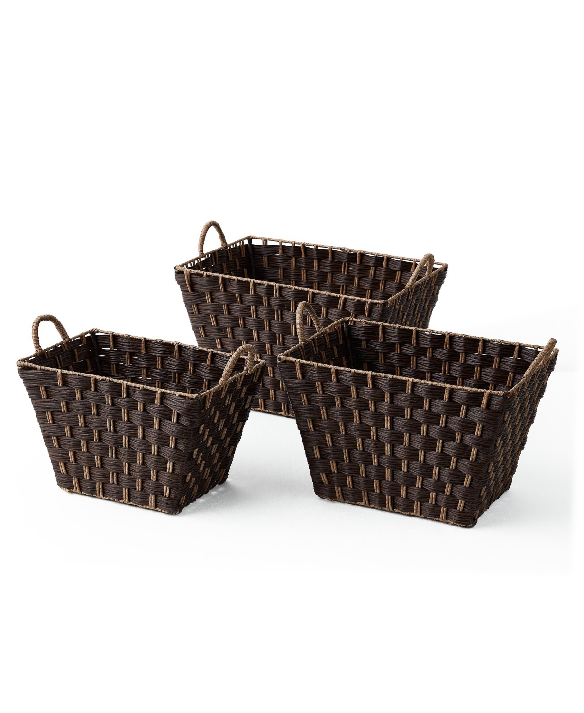 3 Piece Rectangular Faux Wicker Storage Bin Set in Combo Weave with Cut Out Handles - Brown