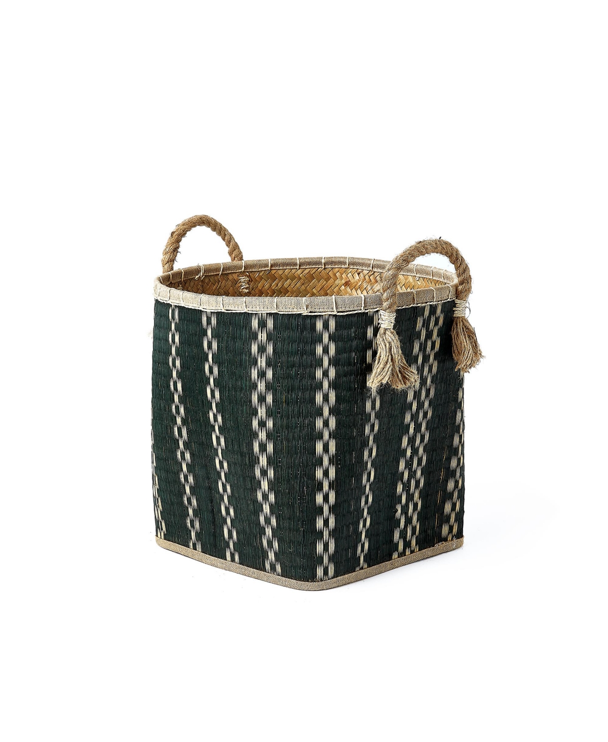 Baum 3 Piece Round Top and Square Bottom Palm Leave Basket Set with Rope Handles and Tassels - Black and Natural
