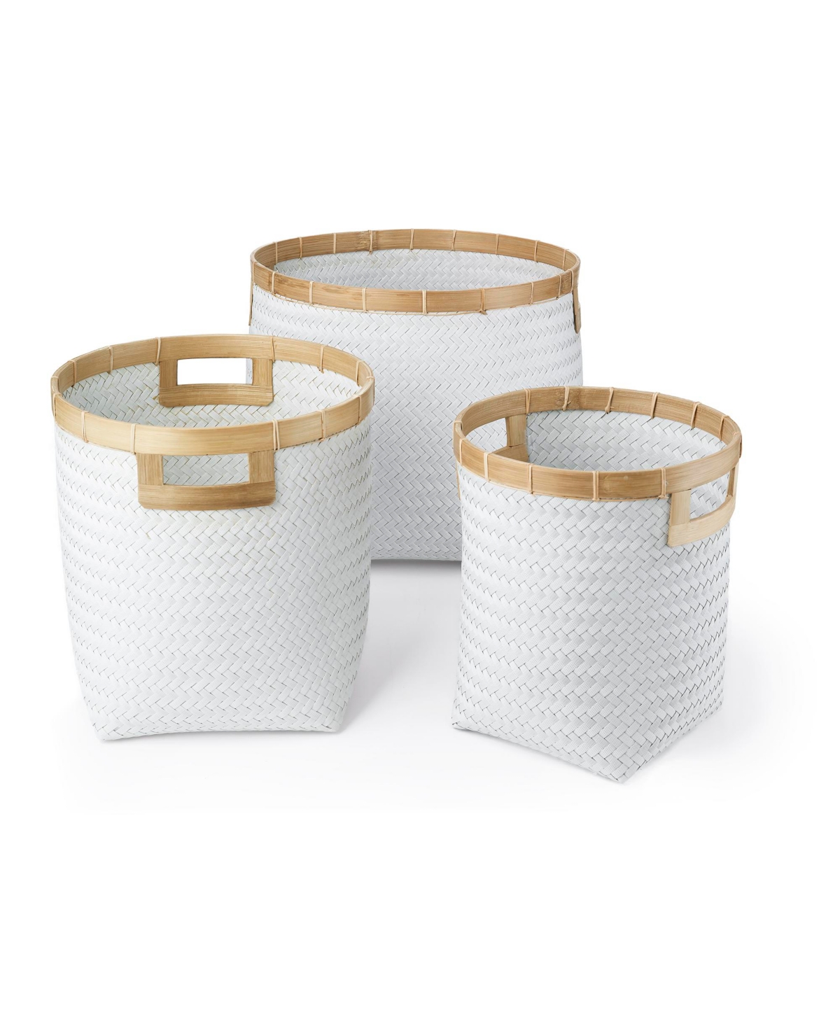 3 Piece Round Top and Square Bottom Bamboo Basket Set with Cut-Out Handles, Natural Rim - Dark Gray
