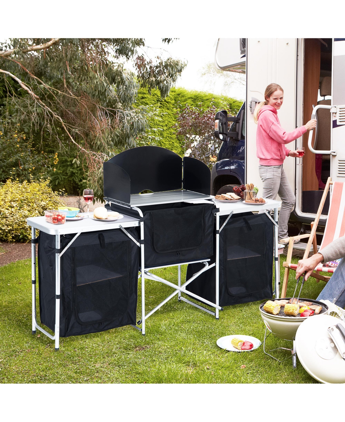 Outsunny Aluminum Portable Camping Kitchen Fold-Up Cooking Table With Windscreen and 3 Enclosed Cupboards for Bbq, Party, Picnics, Backyards