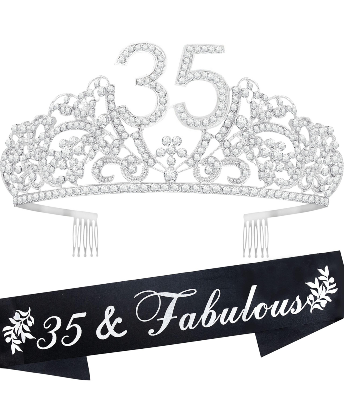 VeryMerryMakering 35th Birthday Sash and Tiara for Women - Fabulous Glitter Sash + Flowers Rhinestone Silver Premium Metal Tiara for Her, 35th Birthda