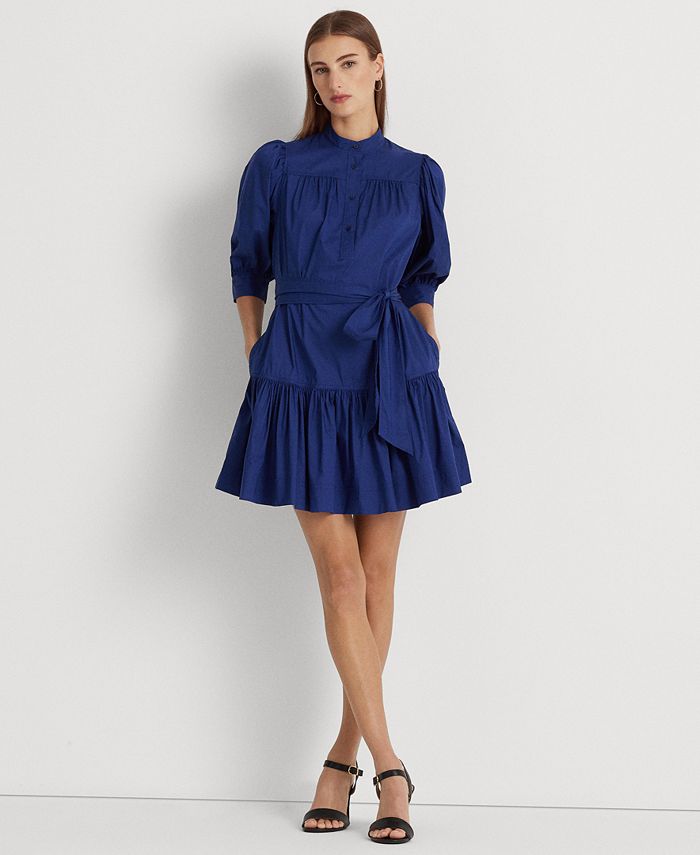 Lauren Ralph Lauren Women's Belted Cotton-Blend Puff-Sleeve Dress - Macy's