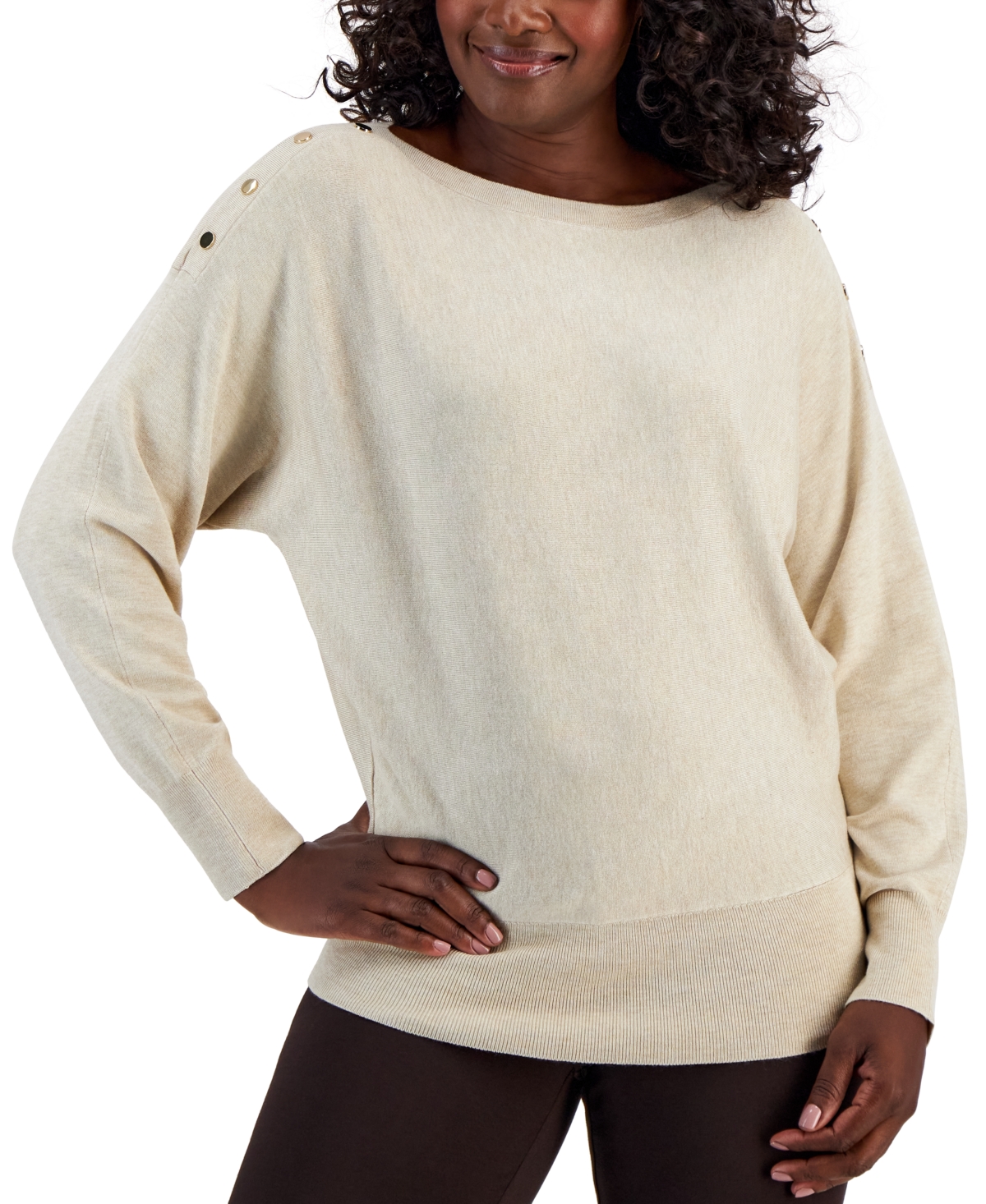 Jm Collection Dolman Button-trim Sweater, Created For Macy's In Serene Beige Heather