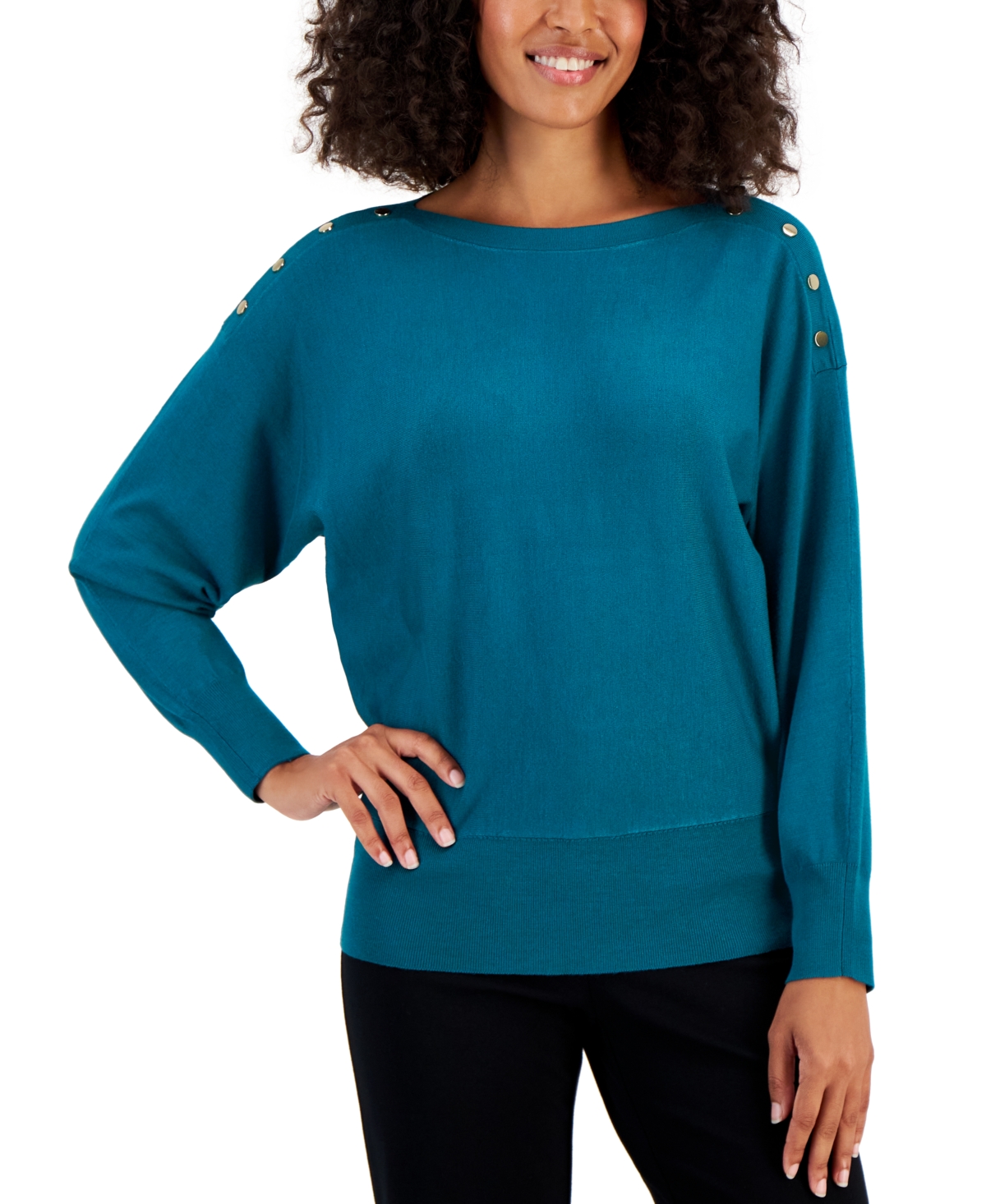 Jm Collection Dolman Button-trim Sweater, Created For Macy's In Teal Evergreen