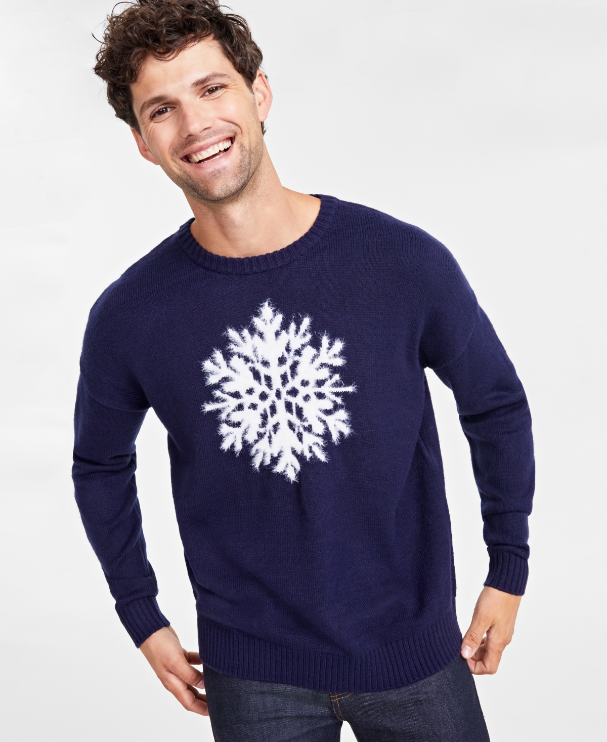 Holiday Lane Men's Snowflake Crewneck Sweater, Created for Macy's - Intrepid Blue Combo