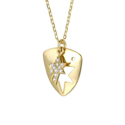 14k Gold Plated with Cubic Zirconia Laser-Cut 6-Pointed Star Triangle Shield Double Pendant Charm Necklace
