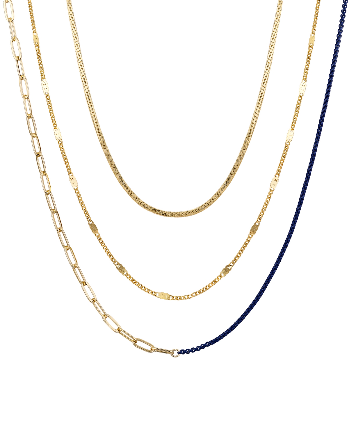 14k Gold Flash Plated White Enamel Paperclip Herringbone Chain Layered Necklaces, 3 Piece Set - Gold