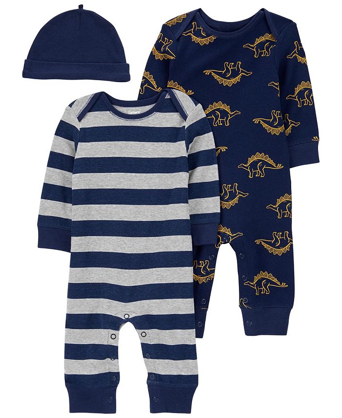 Carter's Baby Boys Blue Dino 3-Piece Jumpsuit and Hat Set - Macy's
