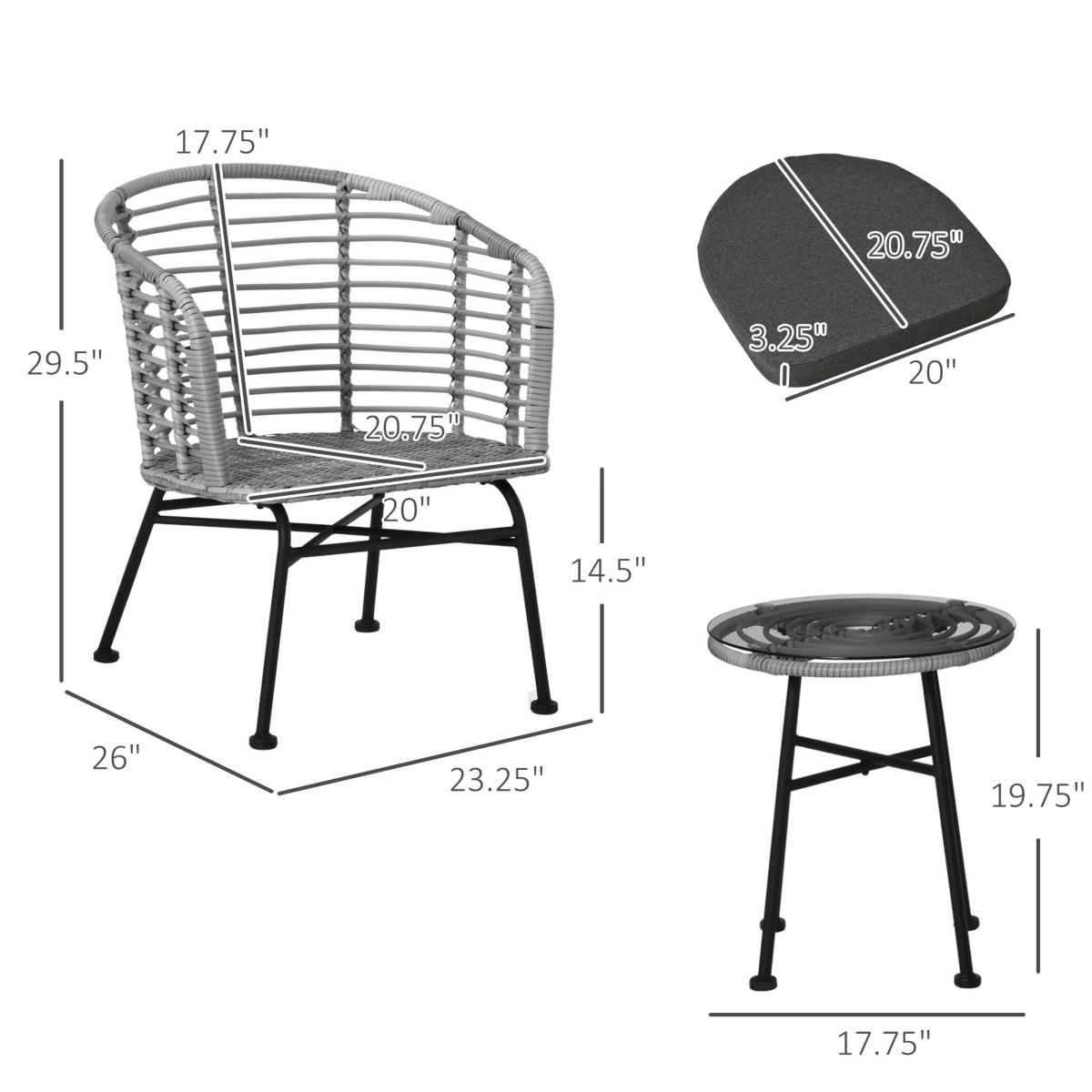 Outsunny 3-Piece Patio Bistro Set, Outdoor Wicker Conversation Set with Round Tempered Glass Top Table, 2 Rattan Armchairs for Porch, Backyard Mixed G