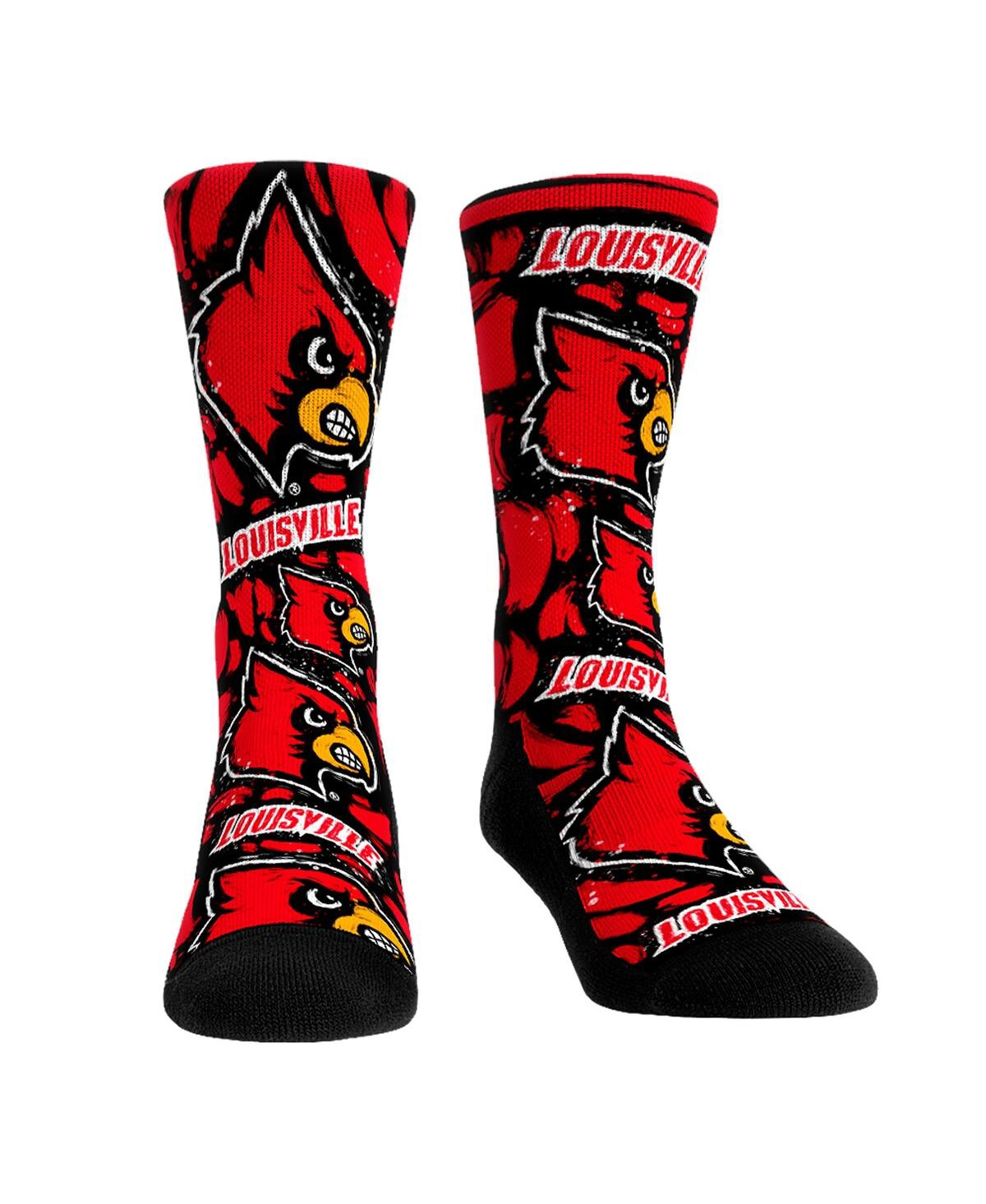 Rock 'em Men's And Women's  Socks Louisville Cardinals Allover Logo And Paint Crew Socks In Red