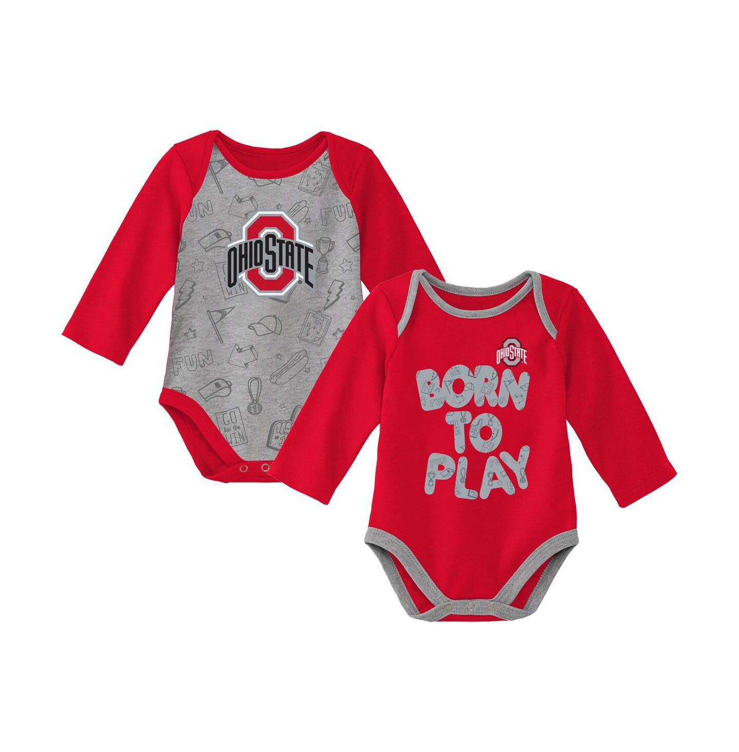 Outerstuff Newborn and Infant Boys and Girls Scarlet, Heather Gray Ohio State Buckeyes Born To Win Two-Pack Long Sleeve Bodysuit Set — фото 2