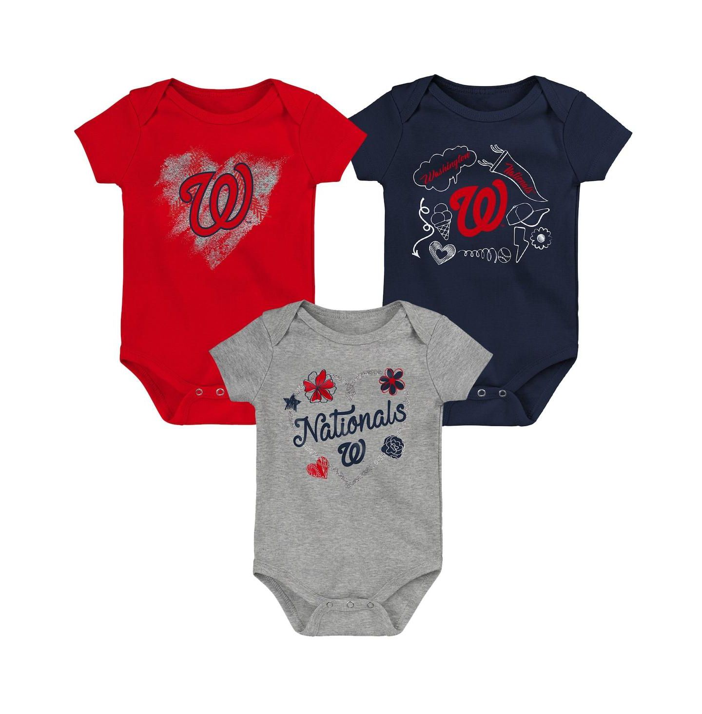 Комплекты Outerstuff Infant Red, Navy, Heathered Gray Washington Nationals 3-Pack Batter Up Bodysuit Set для девочек-малышей — фото 2