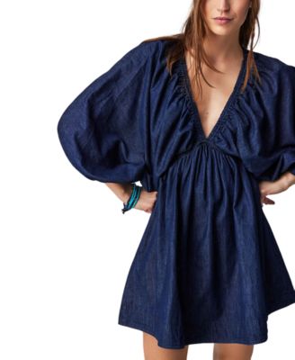 Free People - Women's V-Neck Puff-Sleeve Mini Dress