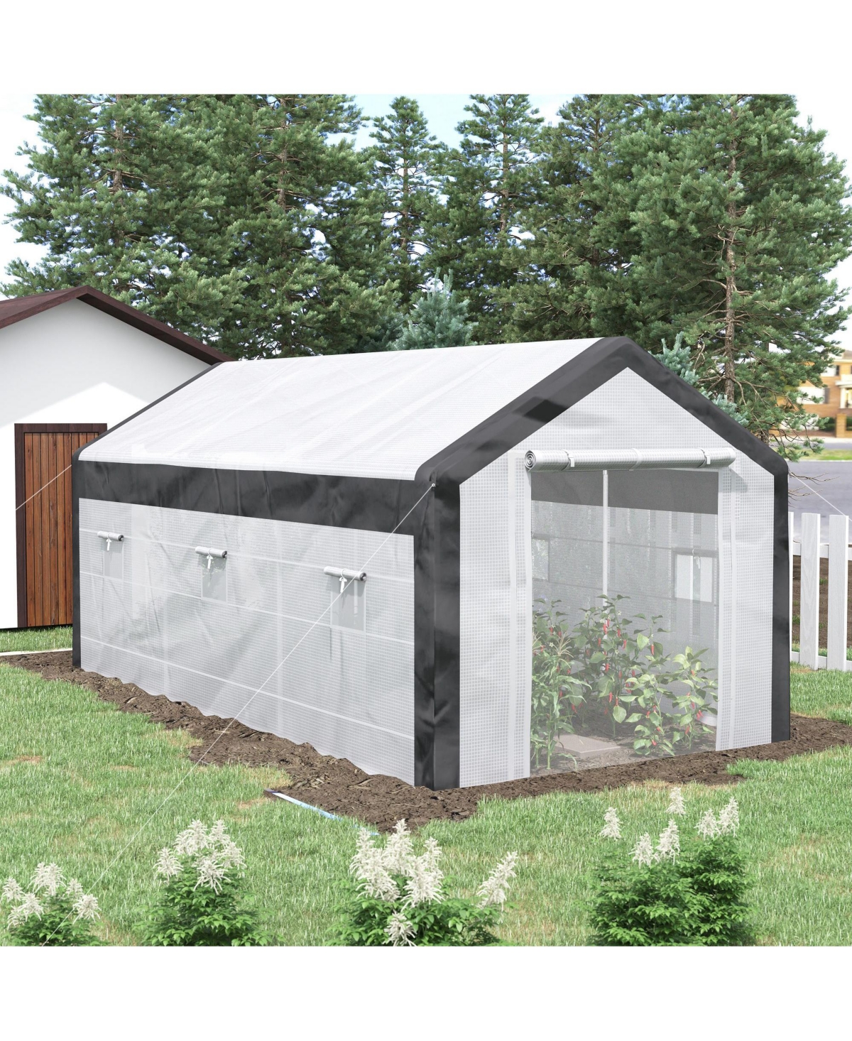Outsunny 20' x 10' x 9' Walk-In Greenhouse, Outdoor Gardening Canopy with 6 Roll-up Windows, 2 Zippered Doors & Weather Cover,- White