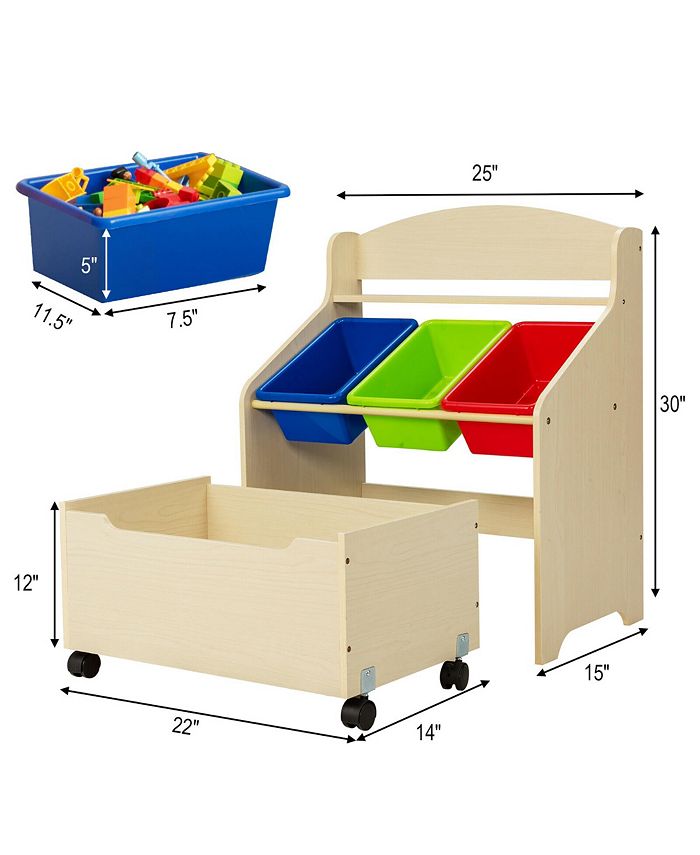Costway Kids Wooden Toy Storage Unit Organizer w/Rolling Toy Box