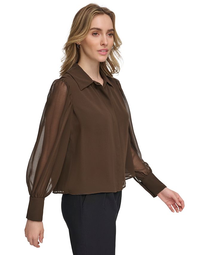 Calvin Klein Women's SheerSleeve Collared Shirt Macy's