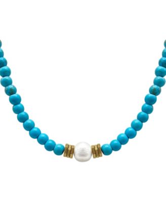 17.5" Faux Turquoise Beaded Necklace with Imitation Pearl