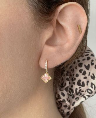 14K Gold Plated Floral Dangle Hoops Pink Imitation Mother of Pearl Earrings