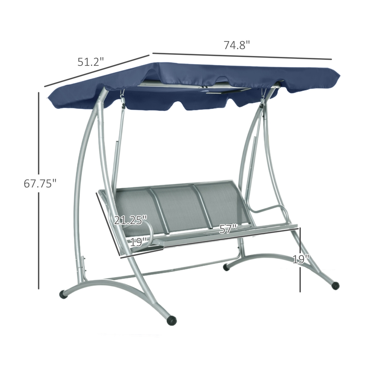 Outsunny 3 Person Patio Swing Seats, Porch Swing with Stand and Adjustable Canopy Outdoor Swing Chair Bench for Garden, Poolside,- Blue