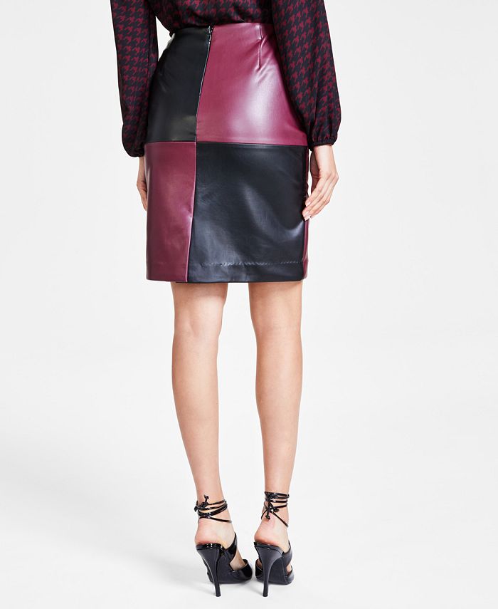 Bar III Women's FauxLeather Colorblocked Seamed Skirt, Created for