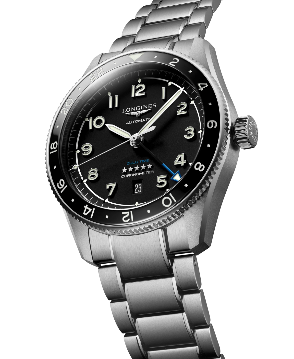 Shop Longines Men's Swiss Automatic Spirit Zulu Time Stainless Steel Bracelet Watch 42mm In Black