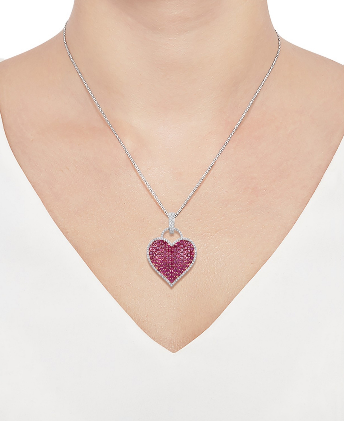 (6-1/2 ct. t.w.) and Diamond (1/2 ct. t.w.) Pave Heart Pendant in 14k White Gold - Ruby