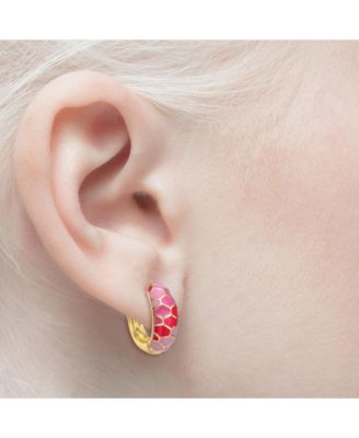 Young Adults/Teens 14k Yellow Gold Plated Pink Sunset Stained Glass Snake Scale Hoop Earrings