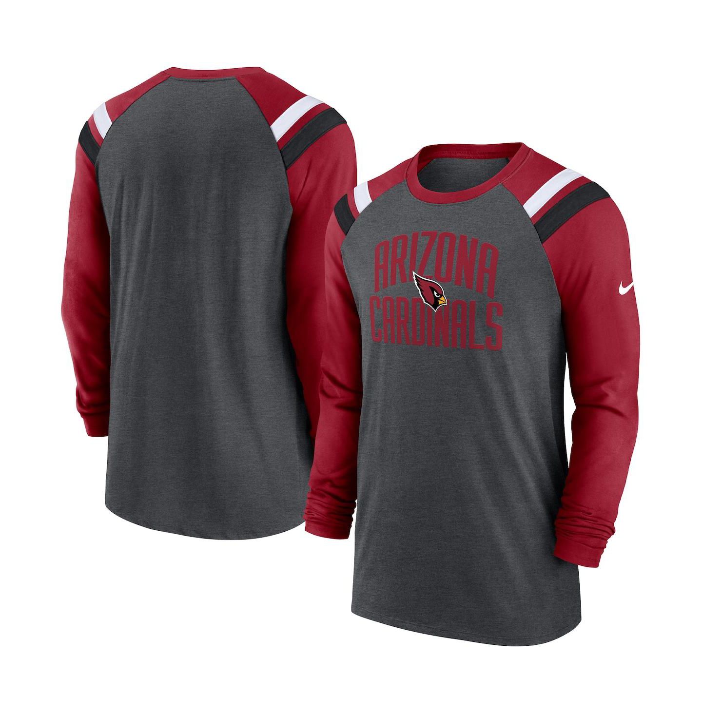 Мужская футболка Nike Heathered Charcoal, Cardinal Arizona Cardinals Tri-Blend Raglan Athletic Long Sleeve Fashion — фото 1