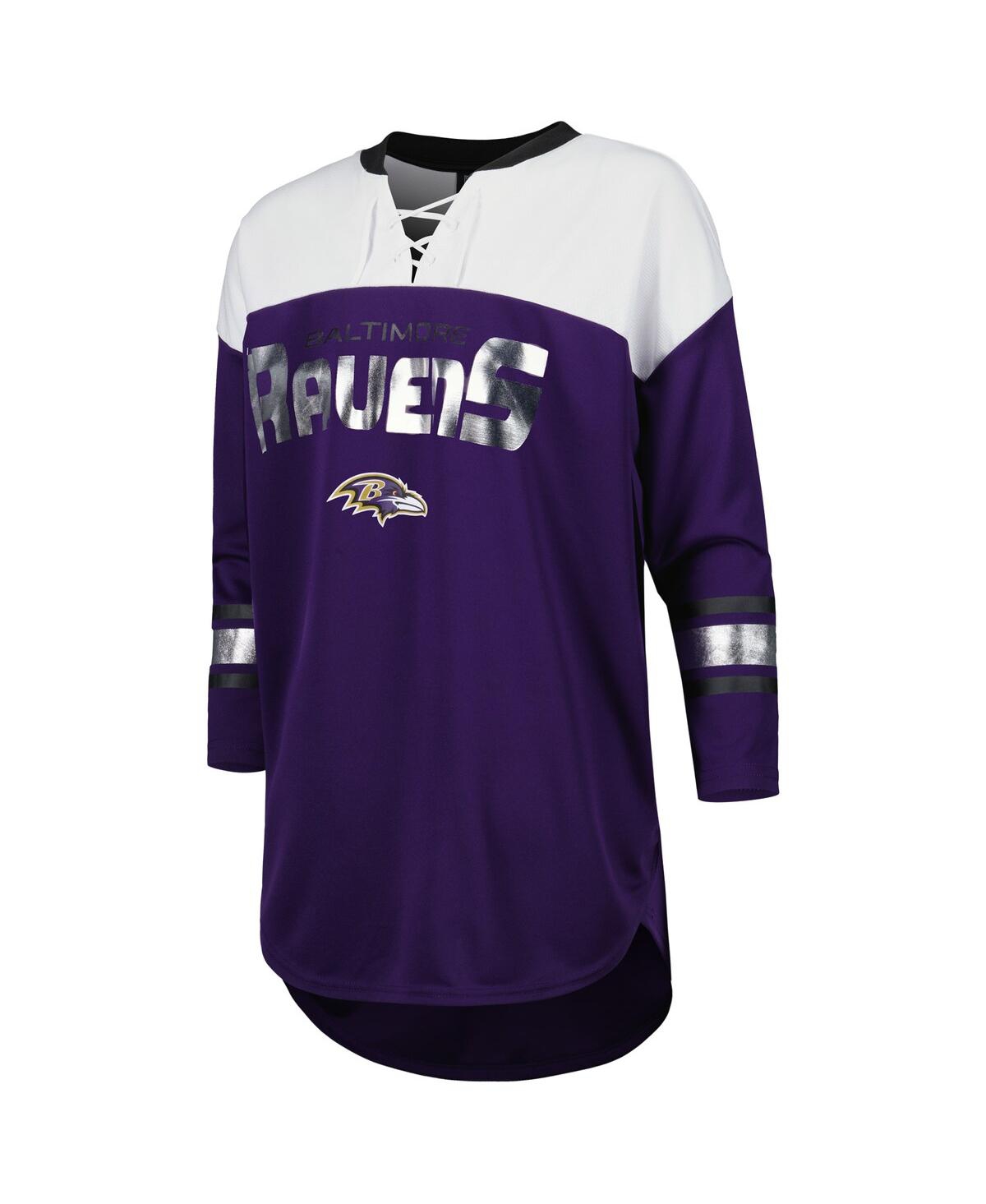 G-III 4HER BY CARL BANKS WOMEN'S G-III 4HER BY CARL BANKS PURPLE, WHITE BALTIMORE RAVENS DOUBLE TEAM 3/4-SLEEVE LACE-UP T-SHI 