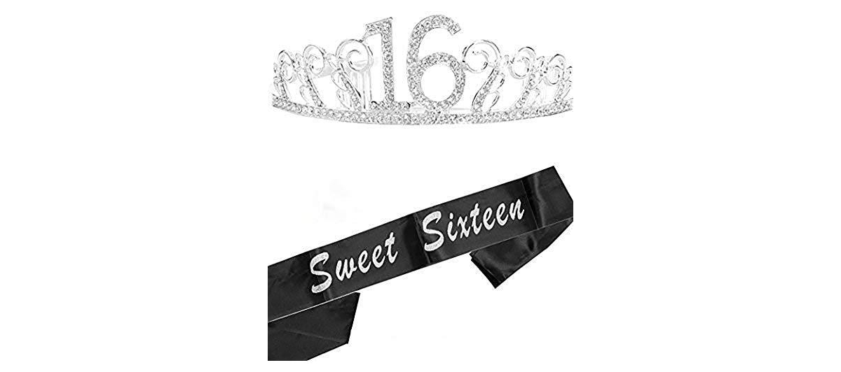 Meant2tobe 16th Birthday Sash and Tiara for Girls - Fabulous Set: Glitter Sash + Floating Heart RhinestonePremium Metal Tiara, 16th Birthday G