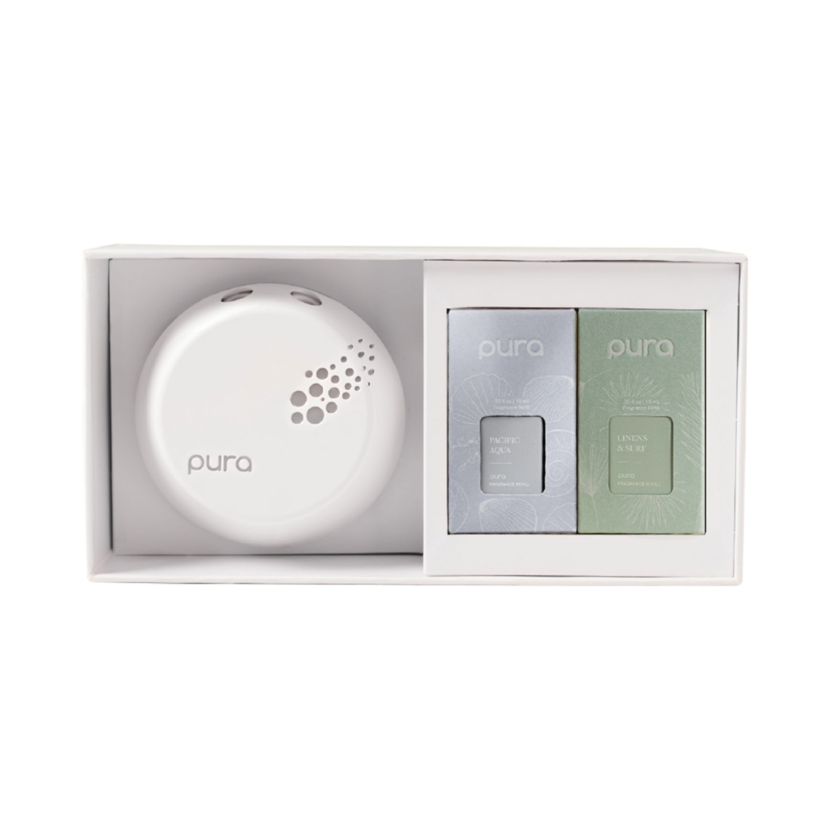Smart Fragrance Diffuser Device Set - Linens & Surf, Pacific Aqua - Home Scent Diffuser with Refills - Fragrance Diffuser - White