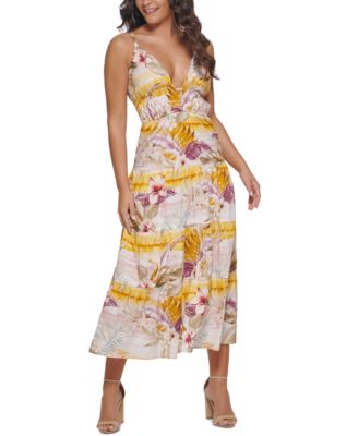 GUESS - Women's Tropical-Print Plunge-Neck Maxi Dress