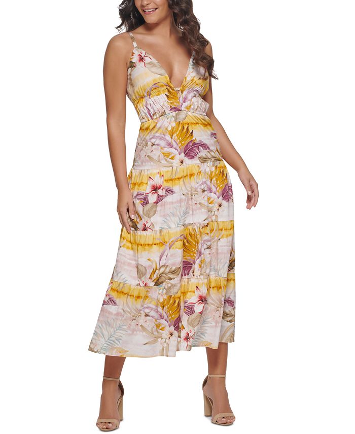 GUESS Women's Tropical-Print Plunge-Neck Maxi Dress - Macy's