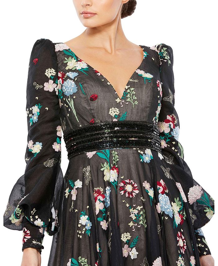 Mac Duggal Women's Embroidered Bishop Sleeve V Neck Flowy Gown - Macy's