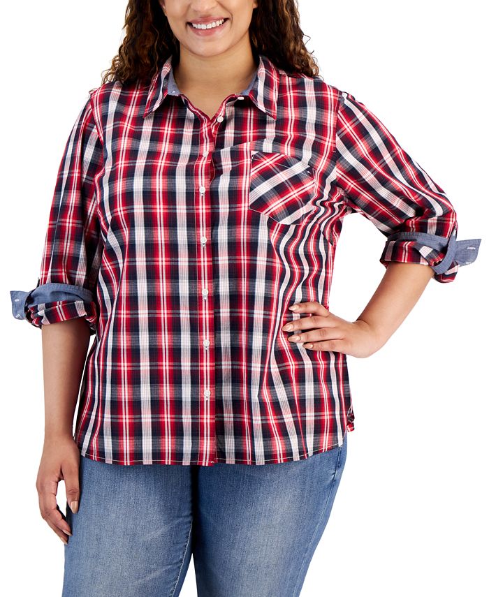 Tommy Hilfiger Plus Size Plaid RollTabSleeve ButtonDown Shirt Macy's