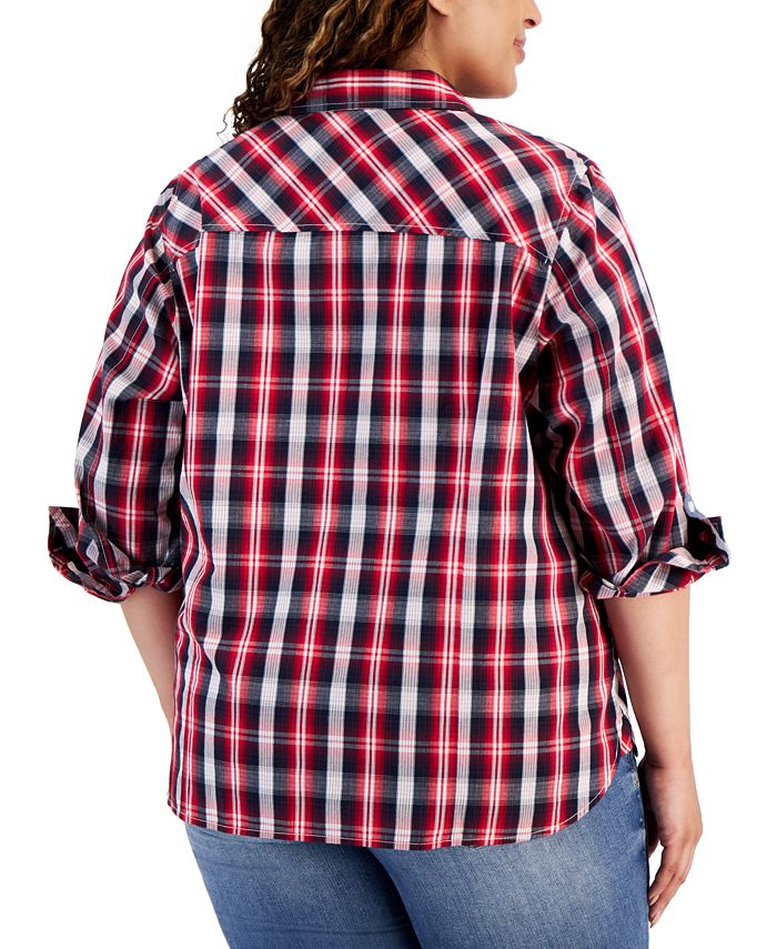 Tommy Hilfiger Plus Size Plaid Roll-Tab-Sleeve Button-Down Shirt - Macy's
