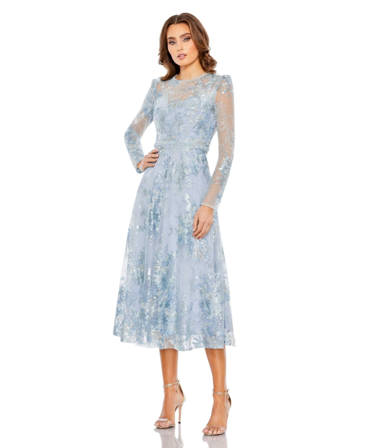 Vintage Evening Dresses, Vintage Formal Dresses Womens Embellished Illusion Long Sleeve Midi Dress - Powder blue $598.00 AT vintagedancer.com