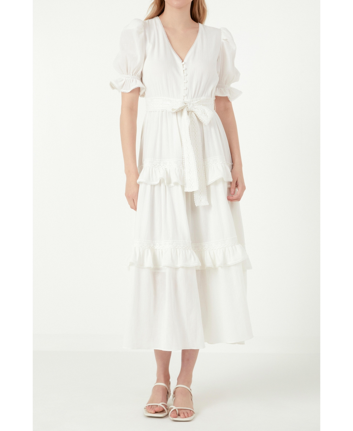 Women's Ruffled Lace Trim Duster Maxi Dress - White