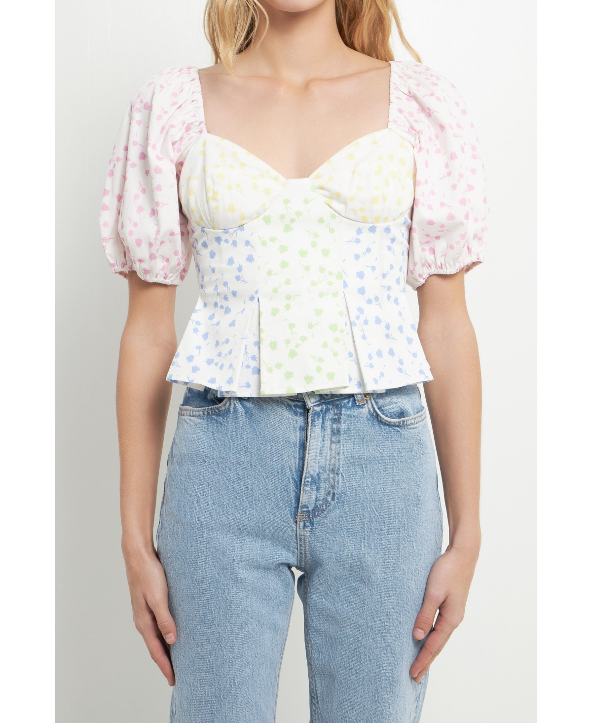 English Factory Floral Patchwork Puff Sleeve Crop Top In Multi