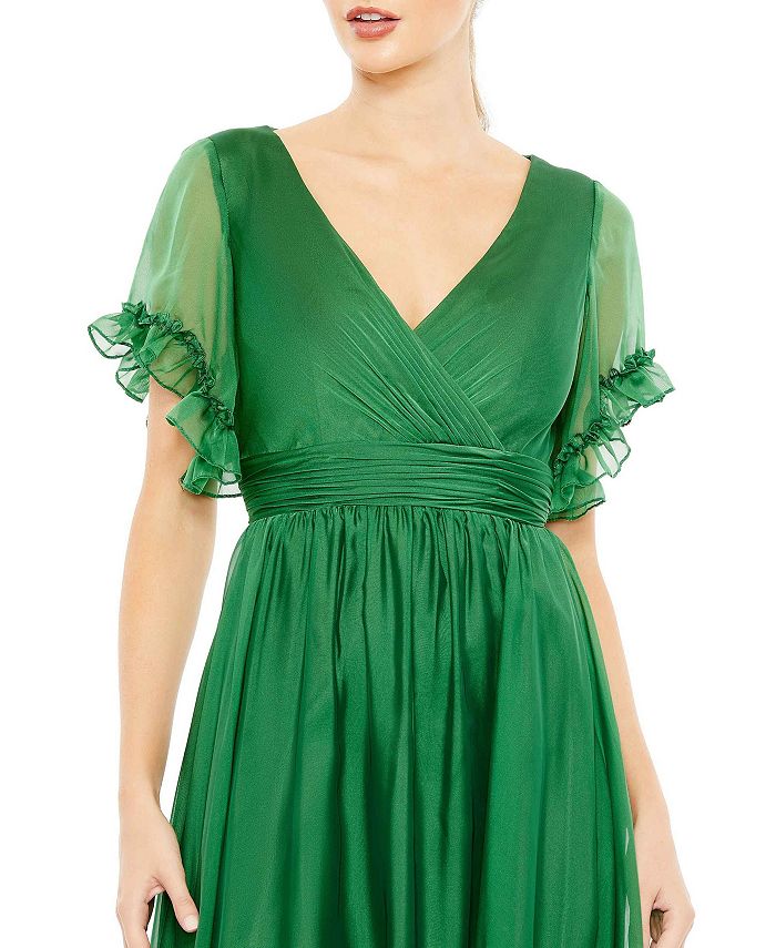 Mac Duggal Women's Butterfly Ruffle Trimmed Sleeve Wrap Over Flowy Gown ...