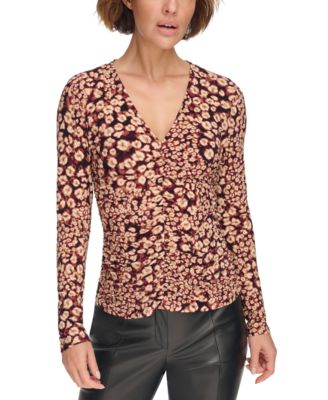 DKNY - Petite Printed V-Neck Long-Sleeve Ruched Top