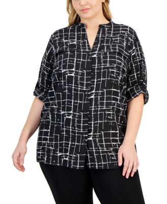 Calvin Klein - Plus Size Mandarin-Collar Roll-Tab Blouse