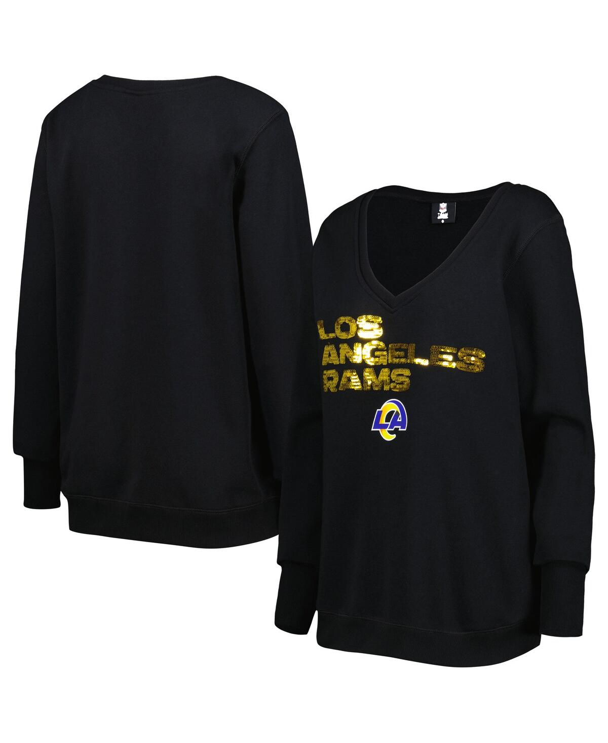 Women's Cuce Black Los Angeles Rams Sequin Logo V-Neck Pullover Sweatshirt - Black
