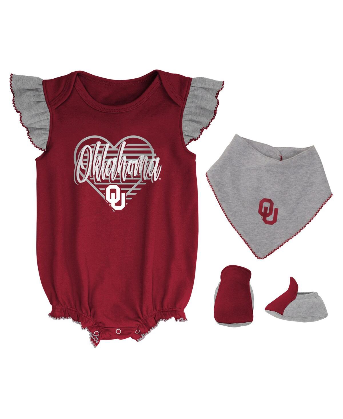 Shop Outerstuff Girls Newborn And Infant Crimson, Heather Gray Oklahoma Sooners All The Love Bodysuit Bib And Bootie In Crimson,heather Gray