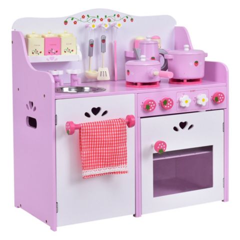 Детская игрушка Costway Strawberry Wooden 1-Piece Play Kitchen, Ages 3+, цвет: Розовый