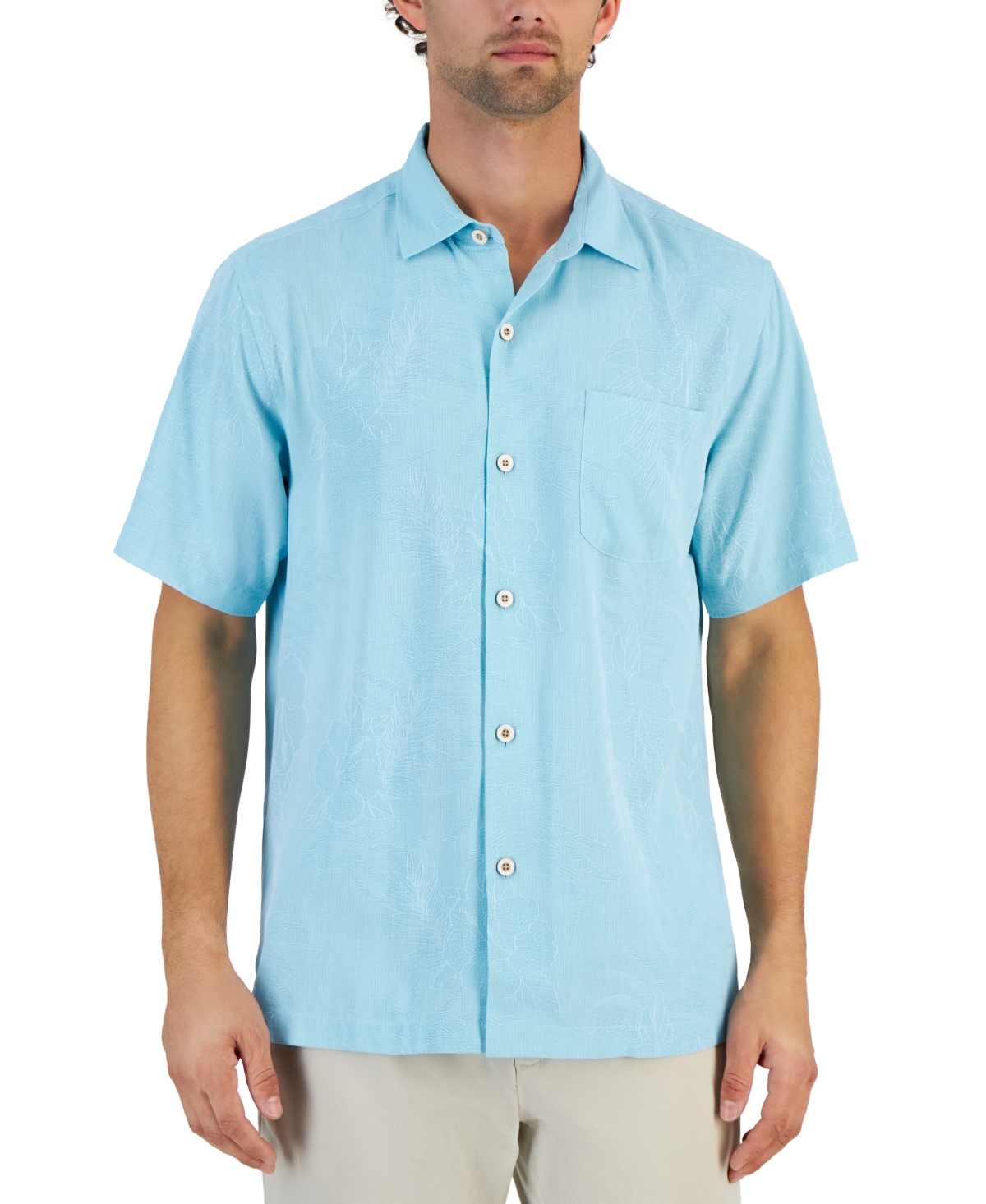 Tommy Bahama Men's Lush Palms Jacquard Tonal Hibiscus Motif Silk Shirt In Hummingbird Blue