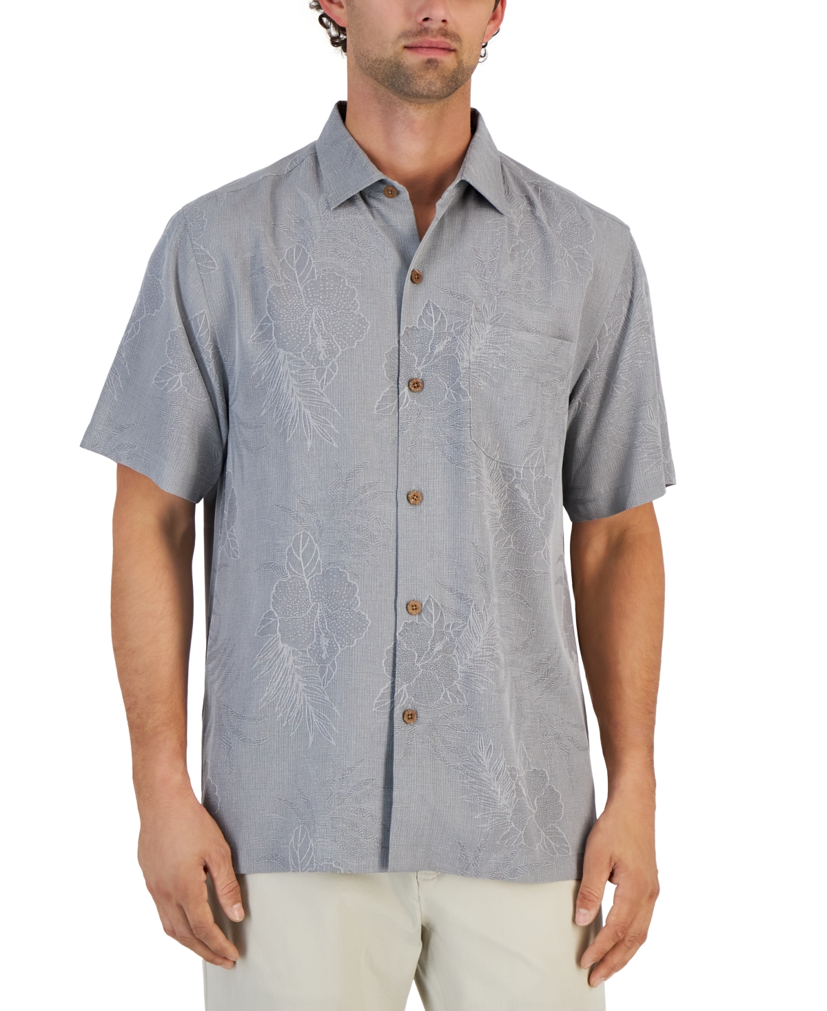 Tommy Bahama Men's Lush Palms Jacquard Tonal Hibiscus Motif Silk Shirt In Ultimate Grey