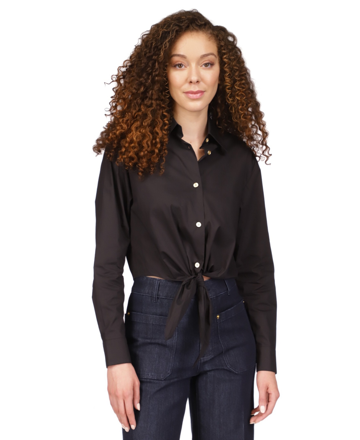Shop Michael Kors Michael  Women's Poplin Tie-front Button-down Cotton Shirt, Regular & Petite In Black