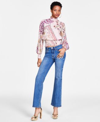 Guess Womens Monique Printed Mock Neck Blouse Sexy Bootcut Mid Rise Denim Jeans In Carousel Print