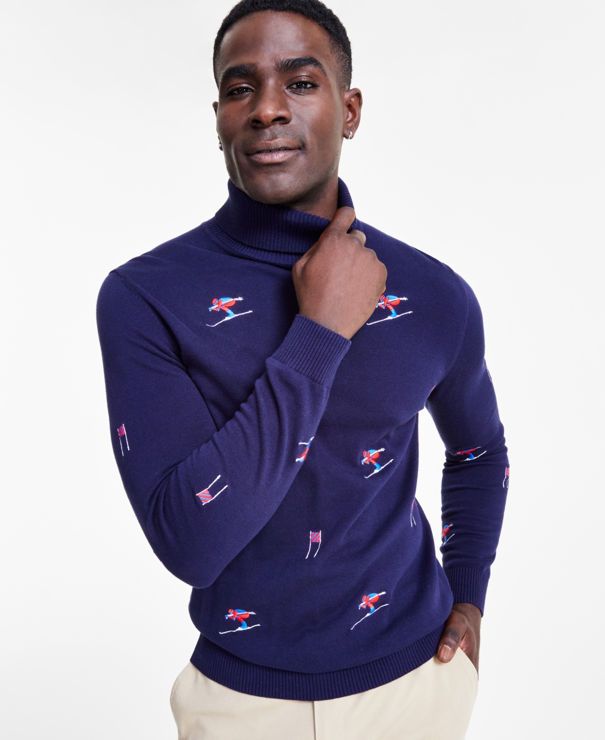 Men's Cotton Skier Embroidered Turtleneck Sweater, Created for Macy's - Navy Blue